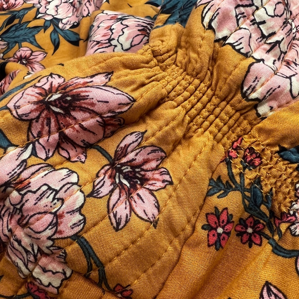 Boho! [band of gypsies] Yellow Pink Teal Floral Strapless Wide Leg Jumpsuit | XS - Picture 7 of 10